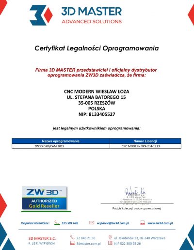 Certyfikat legalności oprogramowania ZW3D