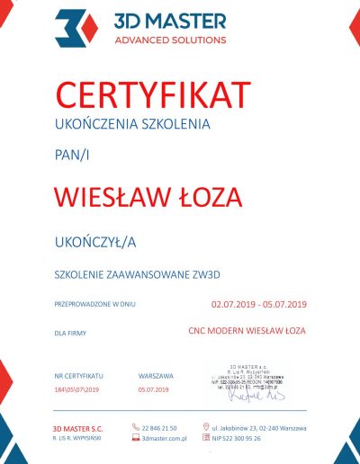 Certyfikat ukończenia szkolenia zaawansowanego ZW3D