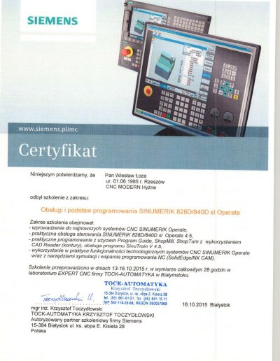 TOCK Automatyka Certyfikat Wiesław Łoza