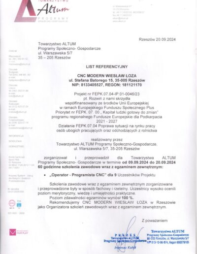 List Referencyjny Towarzystwo ALTUM