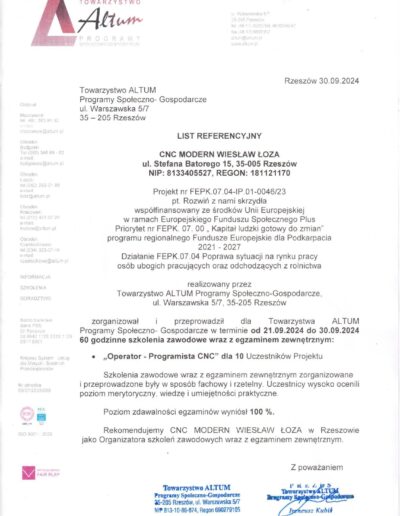 List Referencyjny Towarzystwo ALTUM