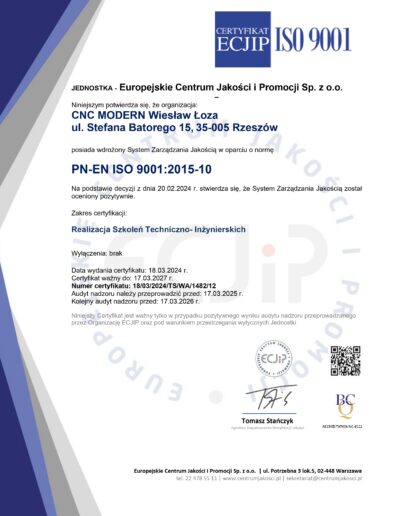 CNC MODERN Certyfikat ISO 9001